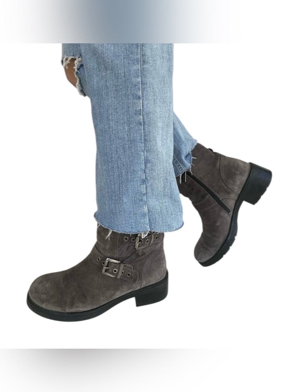 Aquatalia Gray Suede Moto Buckled Ankle Boots Size 8